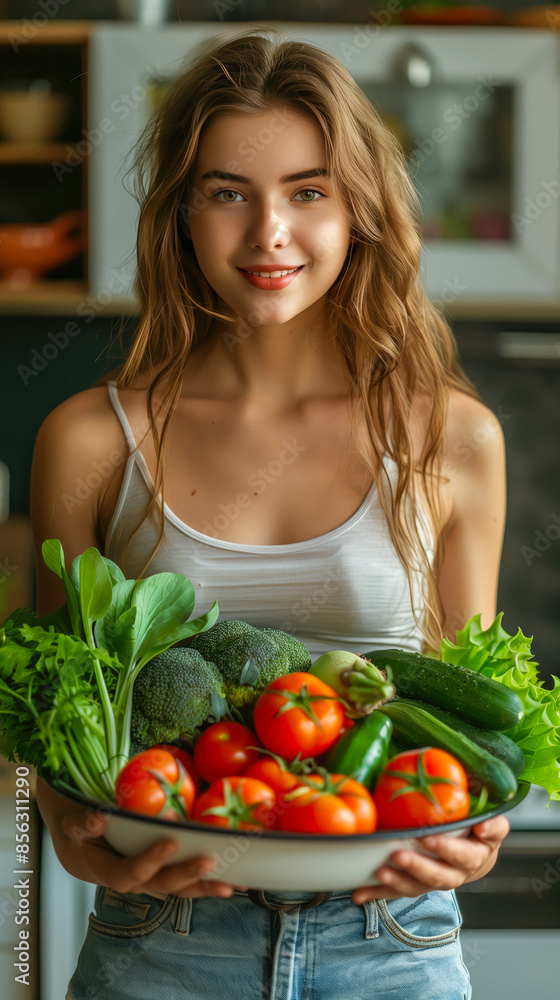 Slim thin woman holds a plate of vegetables in the kitchen. Healthy nutrition. Weight loss, diet and vegetarian concept. Vertical Banner. Slim thin woman holds a plate of vegetables in the kitchen. Healthy nutrition. Weight loss, diet and vegetarian concept. Vertical Banner.