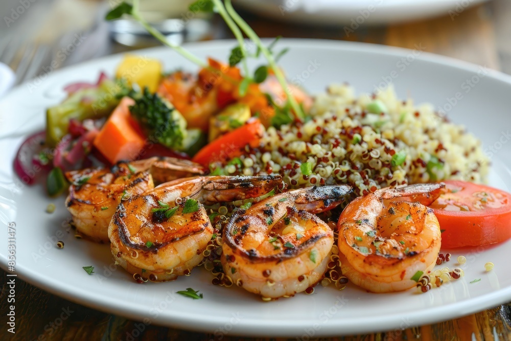 A beautifully arranged plate of grilled shrimp with a side of quinoa and vegetables A beautifully arranged plate of grilled shrimp with a side of quinoa and vegetables