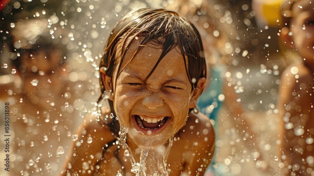Children Having A Water Fight On A Hot Summer Day, Filled With Laughter And Splashes Children Having A Water Fight On A Hot Summer Day, Filled With Laughter And Splashes