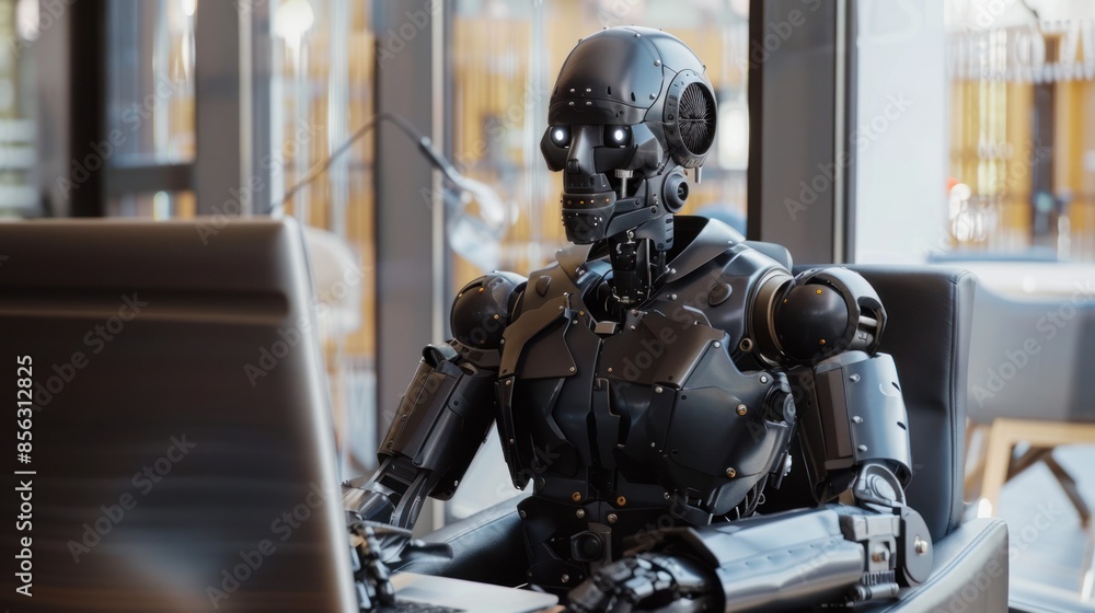 Humanoid Robot at Office Desk - A humanoid robot seated at an office desk with a laptop, showcasing advanced AI technology in a professional business setting. Humanoid Robot at Office Desk - A humanoid robot seated at an office desk with a laptop, showcasing advanced AI technology in a professional business setting.