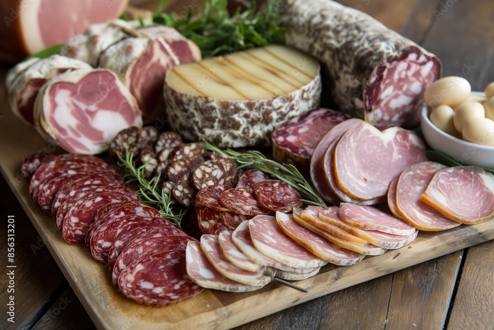Close-up of assorted cured meats and cheese on a wooden board with fresh herbs and garlic Close-up of assorted cured meats and cheese on a wooden board with fresh herbs and garlic