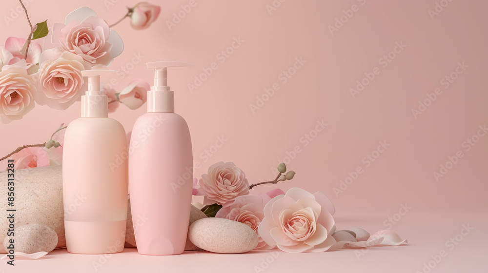 elegant cosmetic bottles surrounded by soft pink floral arrangements on a pastel background elegant cosmetic bottles surrounded by soft pink floral arrangements on a pastel background