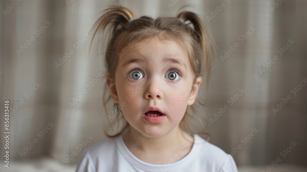 Cute, Surprised Little Girl In A White Shirt With Pigtails, Her Eyes Wide With Wonder Cute, Surprised Little Girl In A White Shirt With Pigtails, Her Eyes Wide With Wonder