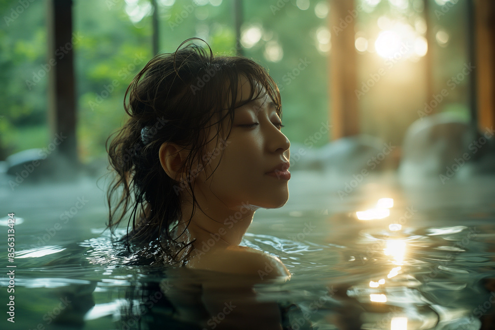 Woman Relaxing in an Outdoor Hot Spring Woman Relaxing in an Outdoor Hot Spring