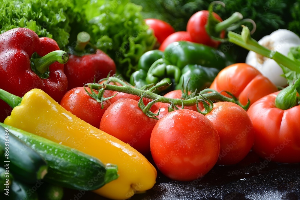 A collection of fresh vegetables with a focus on red bell peppers and tomatoes A collection of fresh vegetables with a focus on red bell peppers and tomatoes