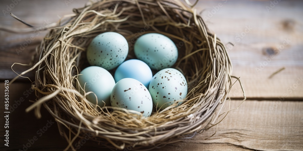 A tranquil scene with a nest containing several speckled blue eggs on a wooden tabletop A tranquil scene with a nest containing several speckled blue eggs on a wooden tabletop