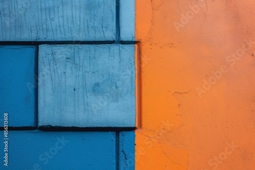 Detailed view of a color-blocked wall showing blue and orange segments with visible paint textures and patterns © StockUp