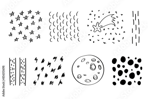 Doodle set of abstract geometric space shapes. Hand drawn brush stroke sketch textures.