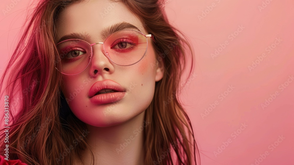 Fashionable Young Girl With Natural Makeup And Pink Glasses, Posing Confidently Against A Pink Background Fashionable Young Girl With Natural Makeup And Pink Glasses, Posing Confidently Against A Pink Background