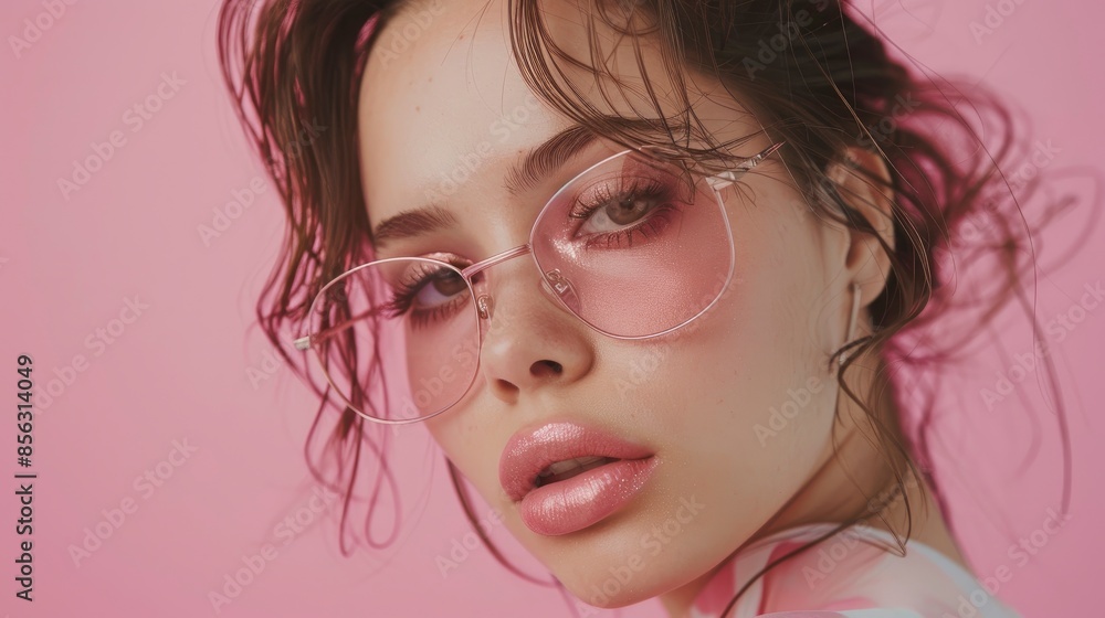 Fashionable Young Girl With Natural Makeup And Pink Glasses, Posing Confidently Against A Pink Background Fashionable Young Girl With Natural Makeup And Pink Glasses, Posing Confidently Against A Pink Background