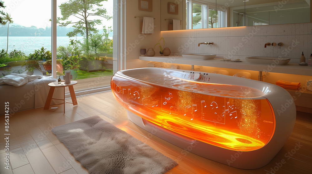 Modern bathroom with large bathtub filled with water, lit from below by ...