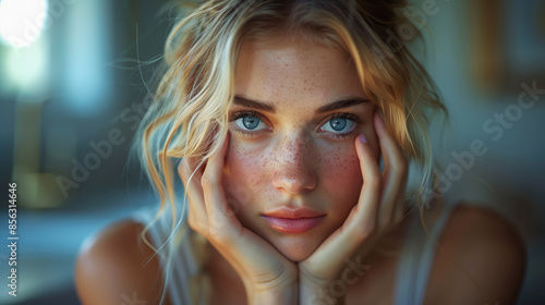 A close-up portrait of a young woman with blonde hair and captivating blue eyes. She rests her chin on her hands, gazing directly at the camera with a soft, ethereal look