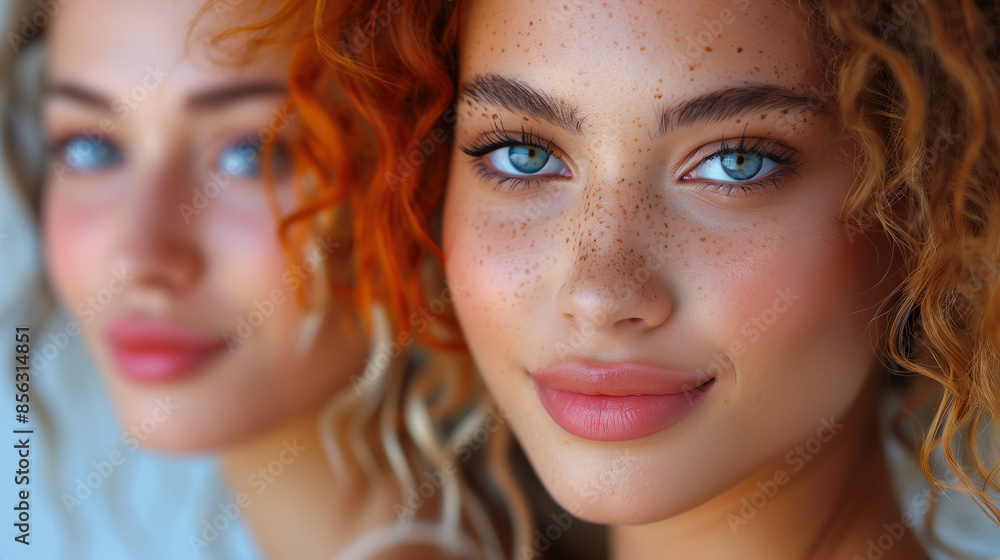 Two women, one with ginger curls, the other with auburn hair, pose close together with their heads tilted towards each other Two women, one with ginger curls, the other with auburn hair, pose close together with their heads tilted towards each other