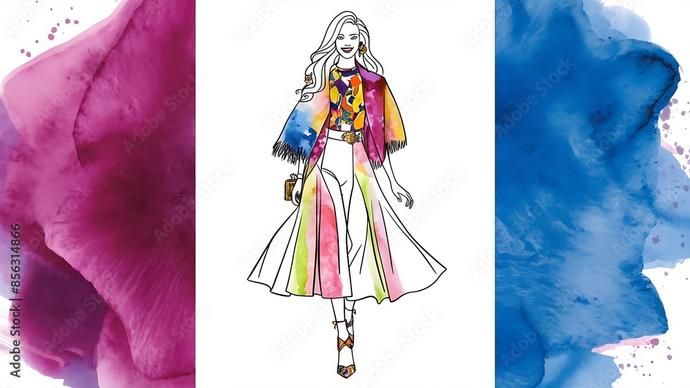 Fototapeta premium Colorful Watercolor Fashion Girl Line Art