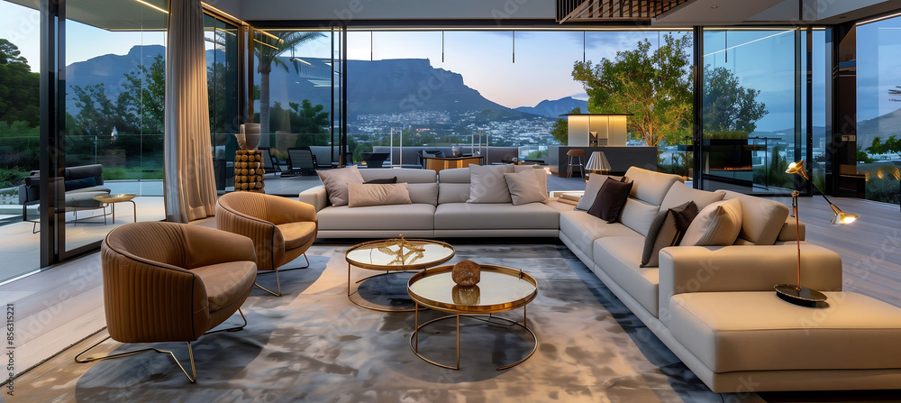 Fototapeta premium Beautiful view of Cape Town's twilight ocean view on modern luxury home showcase patio with open balcony, interior design with modern furniture, glass walls, sofas & gold coffee table.