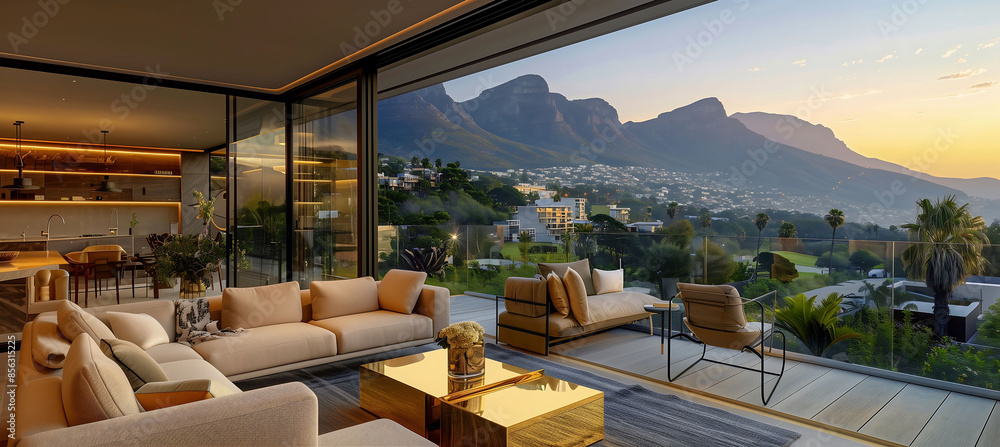 Obraz premium Beautiful view of Cape Town's twilight ocean view on modern luxury home showcase patio with open balcony, interior design with modern furniture, glass walls, sofas & gold coffee table.