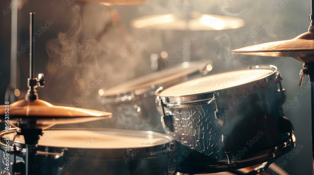 Obraz premium Close-up of a drum set with smoke and light
