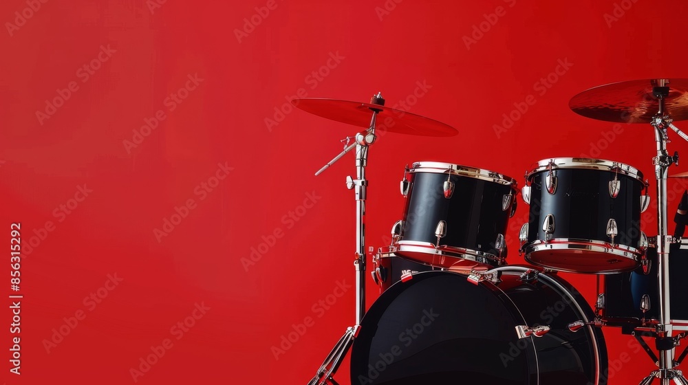 A close-up of a black drum set with cymbals against a red background A close-up of a black drum set with cymbals against a red background