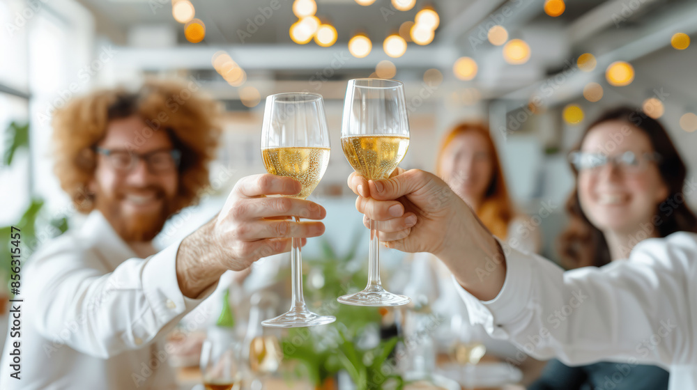Group of people celebrating with champagne in a modern setting, toasting to a special occasion with smiles and joy. Group of people celebrating with champagne in a modern setting, toasting to a special occasion with smiles and joy.