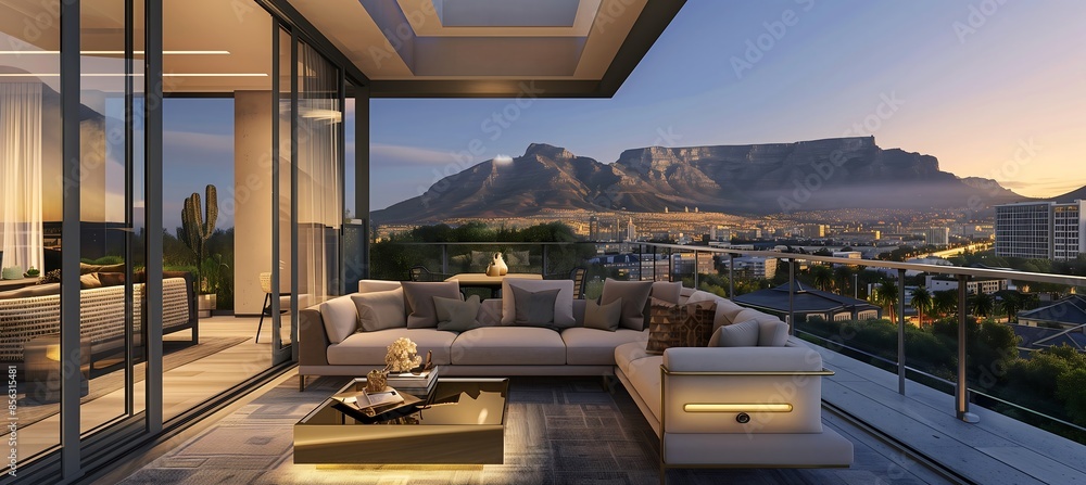 Naklejka premium Beautiful view of Cape Town's twilight ocean view on modern luxury home showcase patio with open balcony, interior design with modern furniture, glass walls, sofas & gold coffee table.