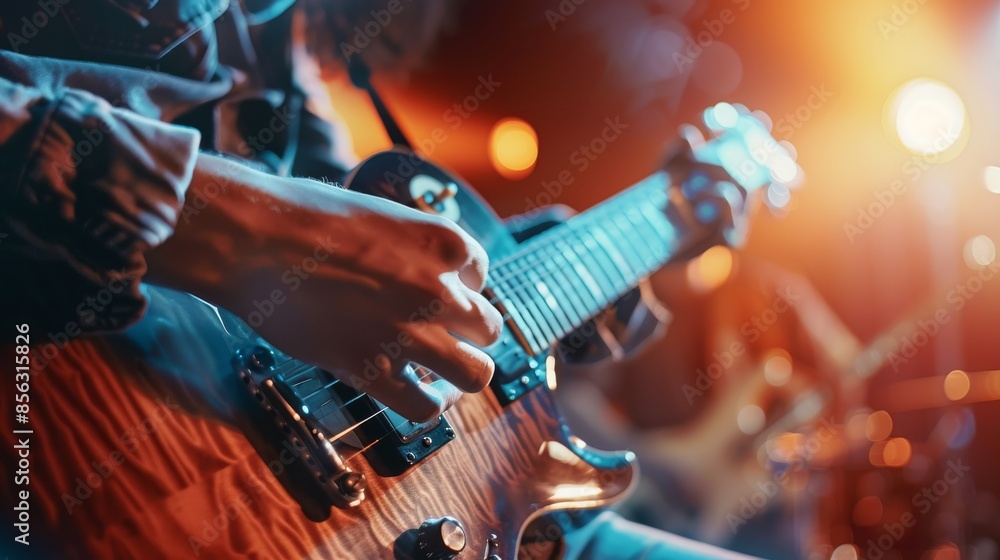 Obraz premium A close-up of a musicians hand playing a guitar on stage