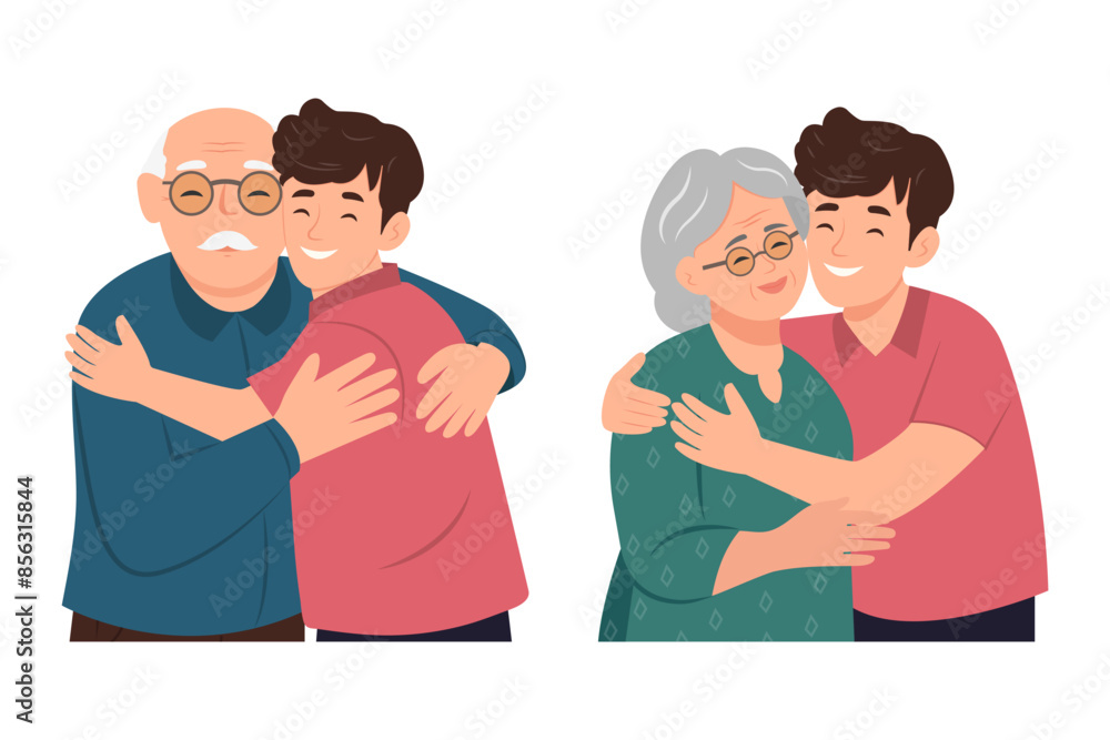 Happy young man hugging her old father with love. Mother and grown up son. Friendly family relationship. Vector flat illustration Happy young man hugging her old father with love. Mother and grown up son. Friendly family relationship. Vector flat illustration