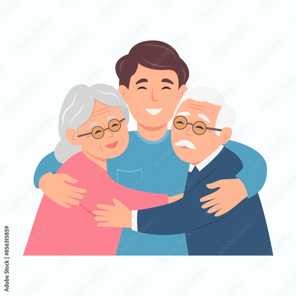 Adult man embracing mature parents or grandparents Family relationship. Grandparents day. vector illustrationrents. Friendly family relationship. vector illustration Adult man embracing mature parents or grandparents Family relationship. Grandparents day. vector illustrationrents. Friendly family relationship. vector illustration