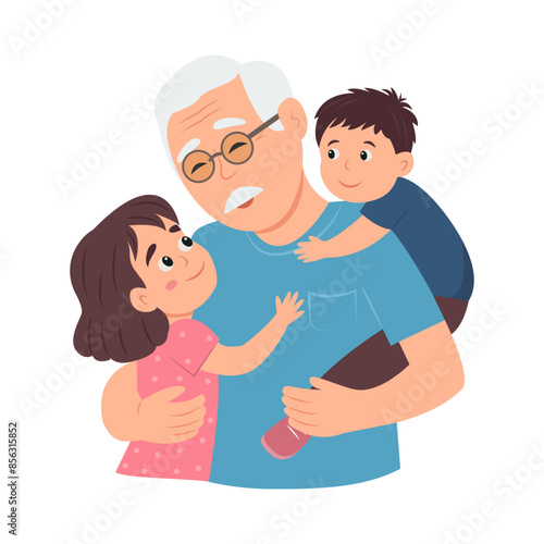 Happy Grandpa with grandchildren. Old man  with grandson and granddaughter. Vector Illustration