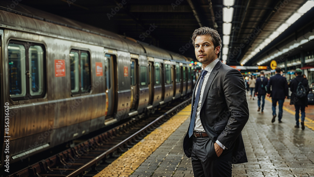 Businessman waiting for the train on the subway platform. Businessman waiting for the train on the subway platform.