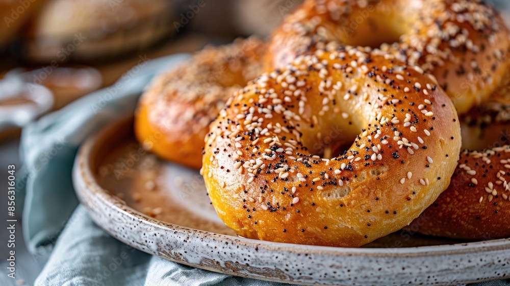 Close up of several delectable bagels on a plate with a pleasing backdrop Close up of several delectable bagels on a plate with a pleasing backdrop