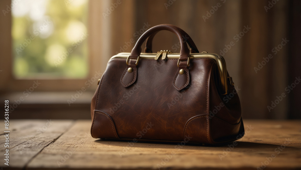 A brown purse placed on top of a wooden table. A brown purse placed on top of a wooden table.