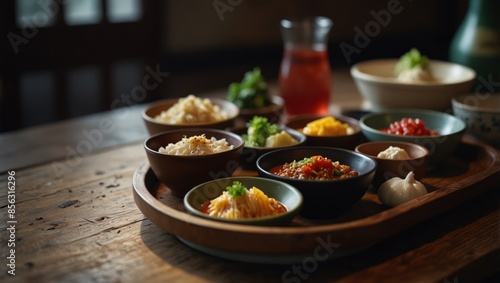 A traditional korean tray meal on wooden table.