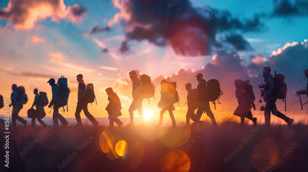 Immigrants silhouetted against a golden sunset on a mountain. Immigrants silhouetted against a golden sunset on a mountain.