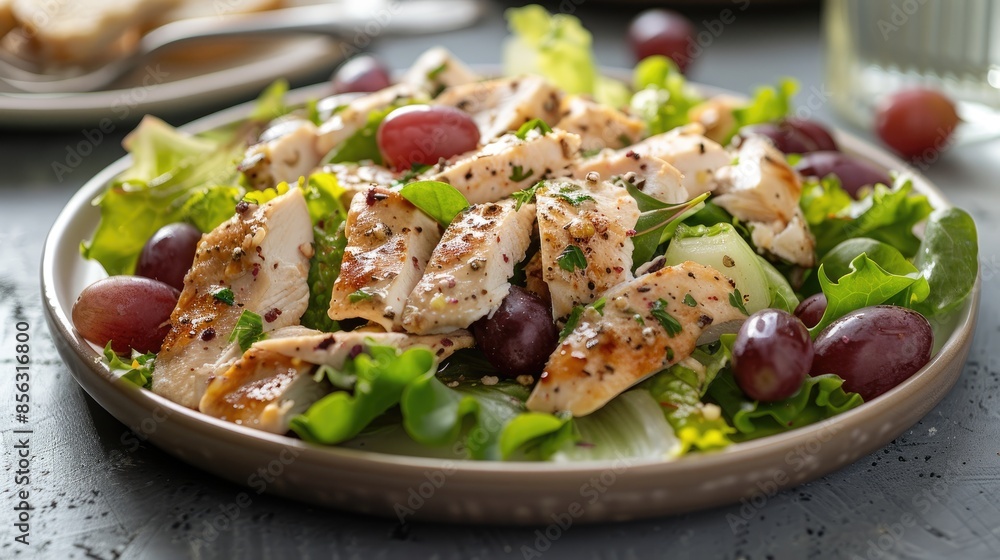 Plate of chicken salad and grapes on table Plate of chicken salad and grapes on table