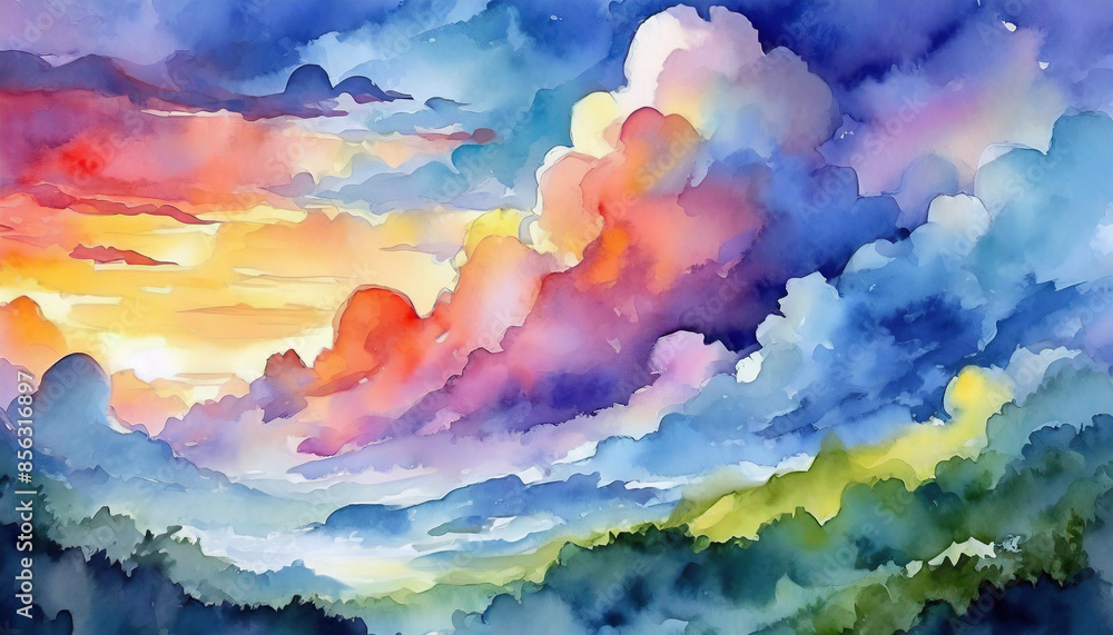 Watercolor landscape with mountains, clouds and sunset. Watercolor landscape with mountains, clouds and sunset.