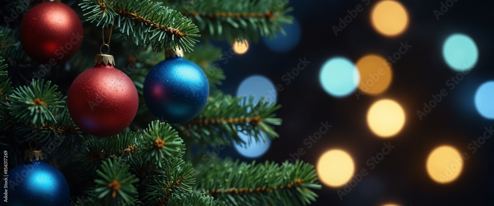 Christmas Tree With Baubles In Blue Night - Ornaments On Fir Branches With Glittering And Defocused Lights In Abstract Background. Christmas Tree With Baubles In Blue Night - Ornaments On Fir Branches With Glittering And Defocused Lights In Abstract Background.
