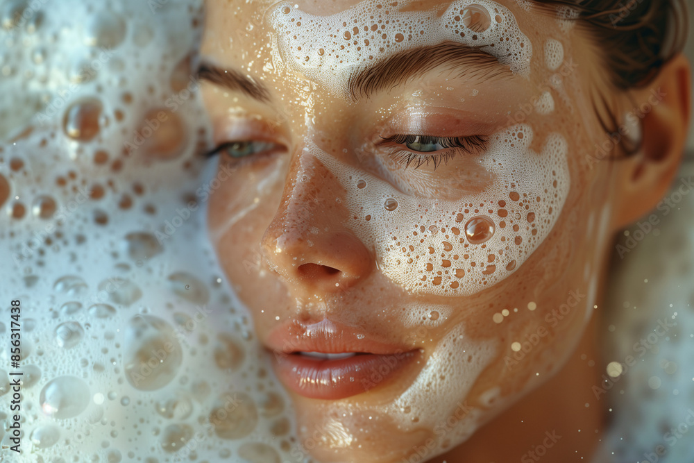 Woman enjoying a facial cleansing routine with foamy cleanser, focusing on the clear and healthy skin results, 3D rendering Woman enjoying a facial cleansing routine with foamy cleanser, focusing on the clear and healthy skin results, 3D rendering