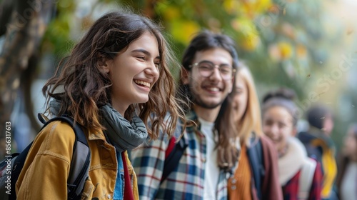 Happy Students Walking Together On Campus, Chatting And Laughing Outdoors