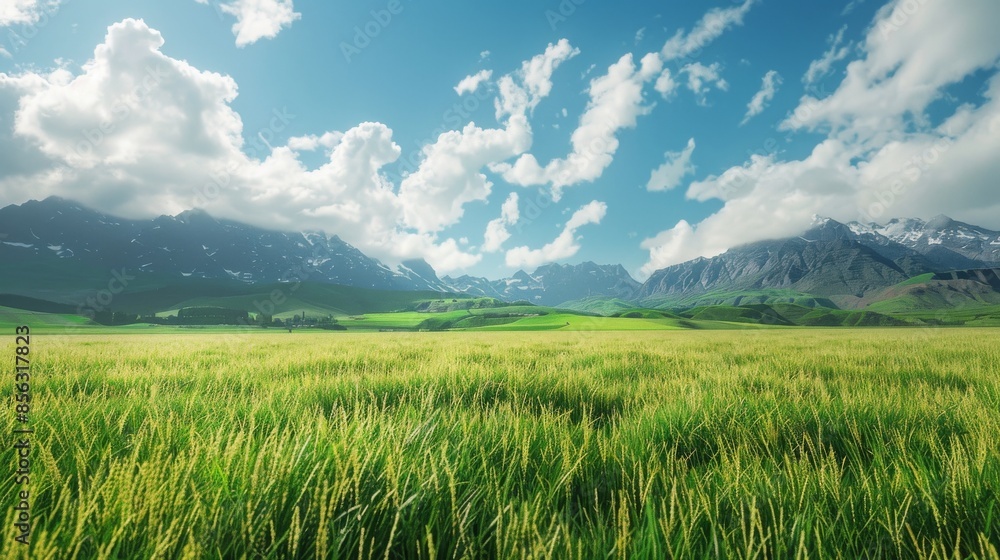 Green meadow by mountain range under cloudy sky Green meadow by mountain range under cloudy sky