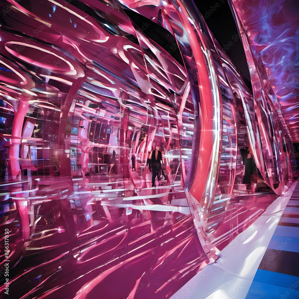 Fototapeta premium Futuristic Neon Tunnel with Reflective Pink Glass and Walking Person