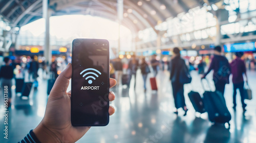 Wallpaper Mural A traveler's hand holds a smartphone displaying a WiFi symbol, capturing the essence of connectivity in the bustling environment of an airport terminal. Torontodigital.ca