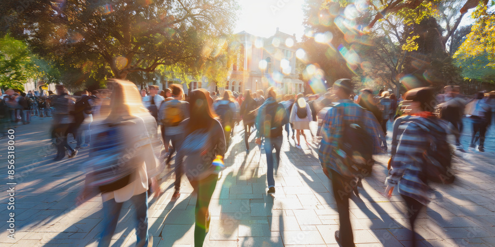 Obraz premium Students walking through a college campus on a sunny day