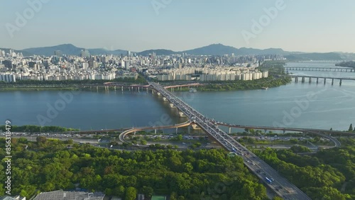Wallpaper Mural Drone View of Seoul city in South Korea, Seongsu large bride, Seoul Forest, Summer, 60fps Torontodigital.ca