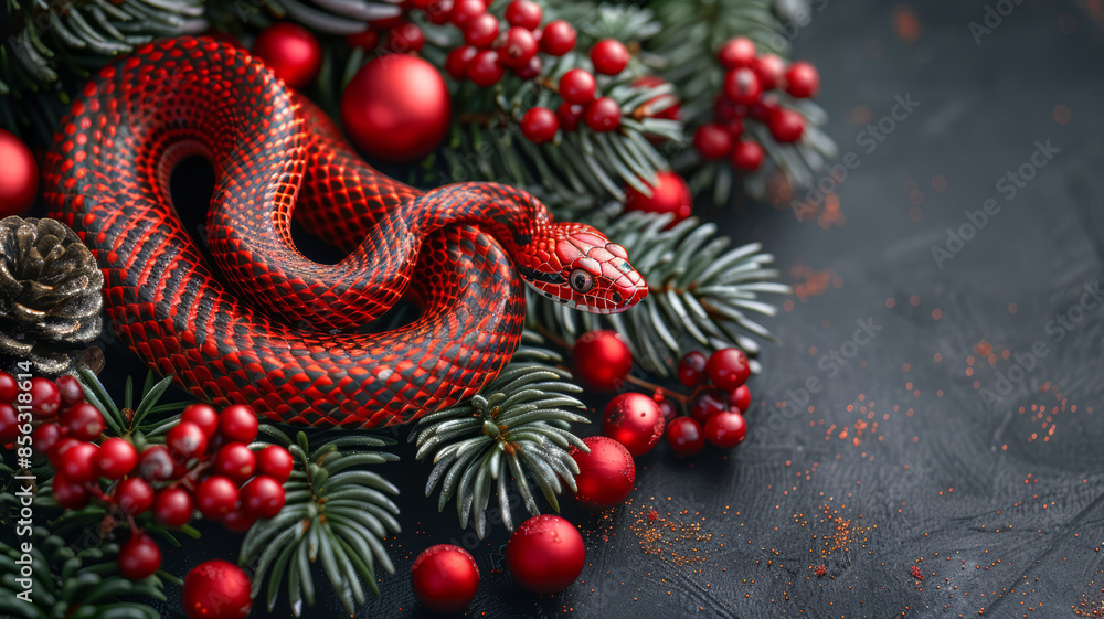 Christmas tree and snakes, the symbol of the year 2025 according to the Chinese calendar. A banner with a copy space Christmas tree and snakes, the symbol of the year 2025 according to the Chinese calendar. A banner with a copy space