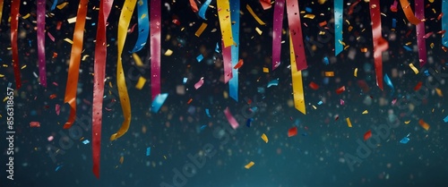 Party banner, confetti trickles down from above, abstract background, colourful celebration design. photo