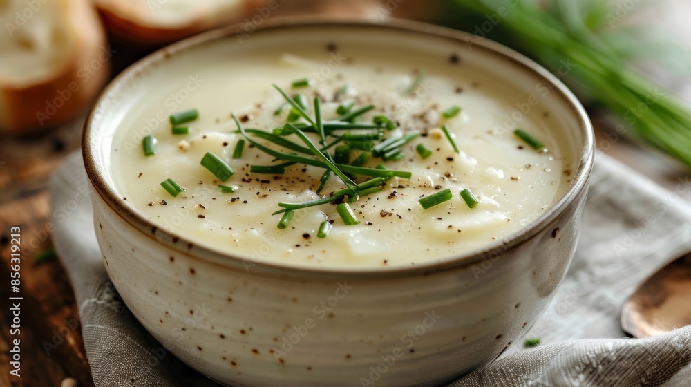cozy potato soup, homemade creamy potato soup in a white bowl, topped with chives and black pepper, a delicious comfort food choice cozy potato soup, homemade creamy potato soup in a white bowl, topped with chives and black pepper, a delicious comfort food choice