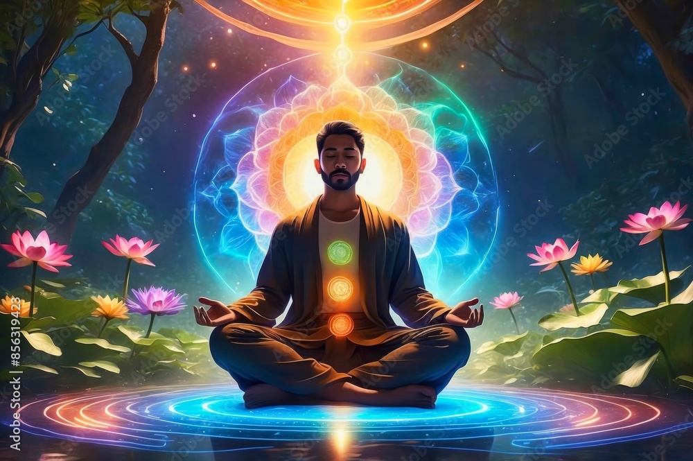 © Karuna - Vibrant meditation person luminous energy and chakras in mystical garden of radiant flowers. © Karuna - Vibrant meditation person luminous energy and chakras in mystical garden of radiant flowers.