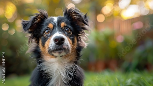 cute puppy exploring, playful australian shepherd puppy with floppy ears exploring the backyard garden, with a curious expression, a charming and cute pet photo