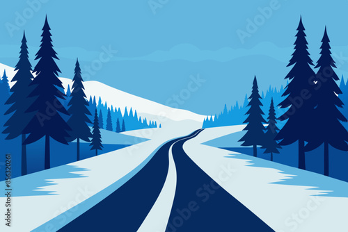 Landscape of a winter road in a pine forest. Beautiful winter road in snowdrifts among large trees in snowy weather,unique