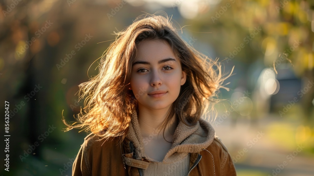 A Portrait Of A Teenager Girl Walking Down An Avenue, Her Face Glowing With Confidence A Portrait Of A Teenager Girl Walking Down An Avenue, Her Face Glowing With Confidence